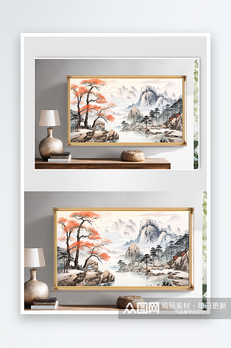 新中式国画红色鸿运当头山水画装饰画素材