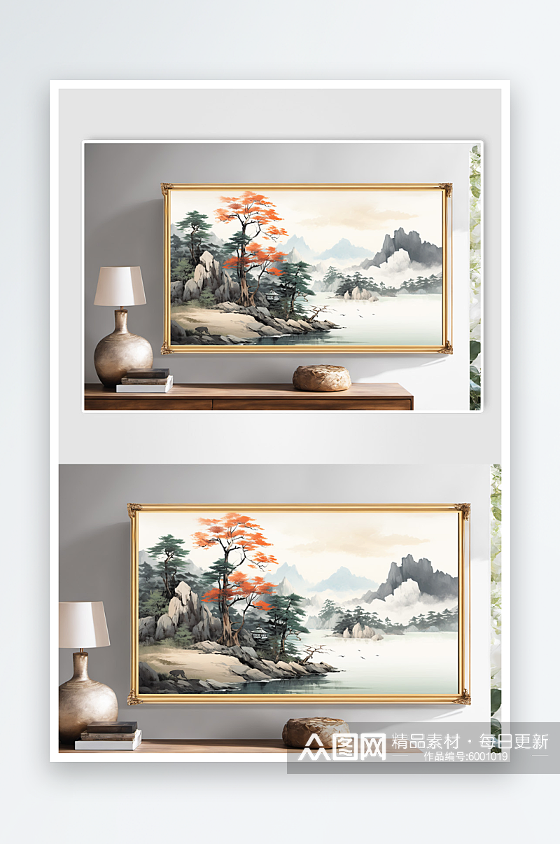 红色国画水墨鸿运当头山水画装饰画素材