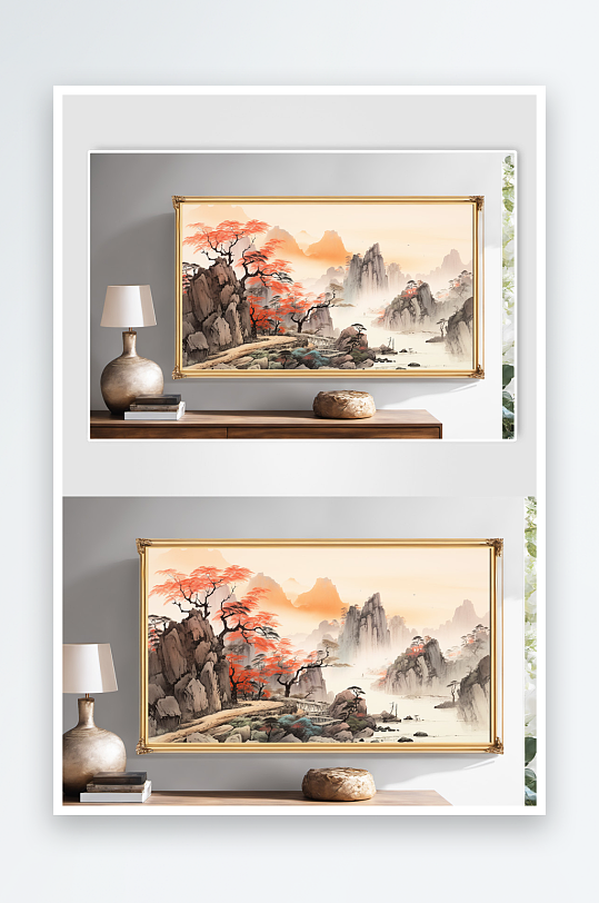 红色国画水墨鸿运当头山水画装饰画-众图网