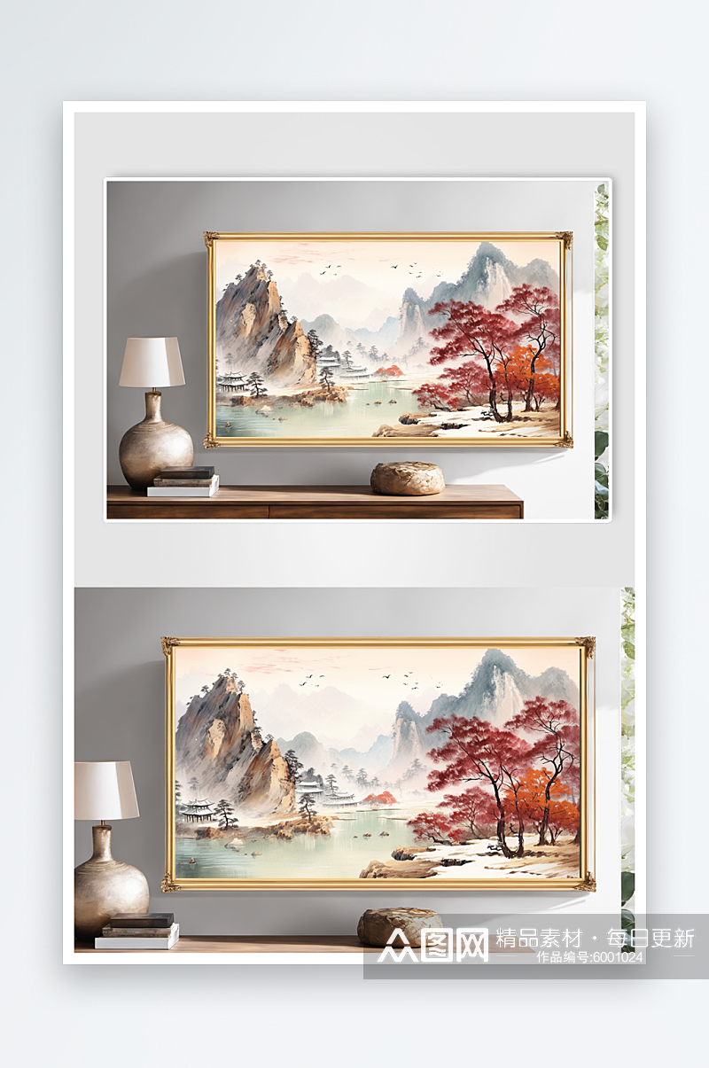 中式画红色鸿运当头山水画装饰画素材