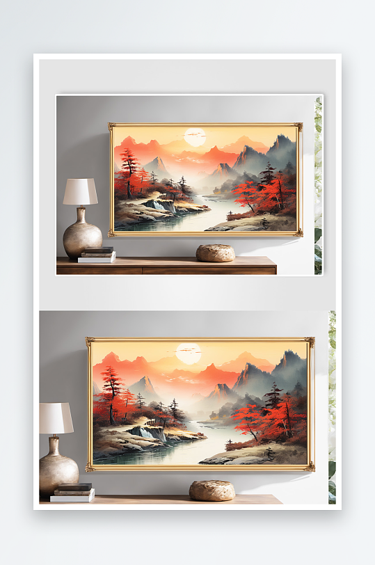 国画水墨红色鸿运当头山水画装饰画-众图网