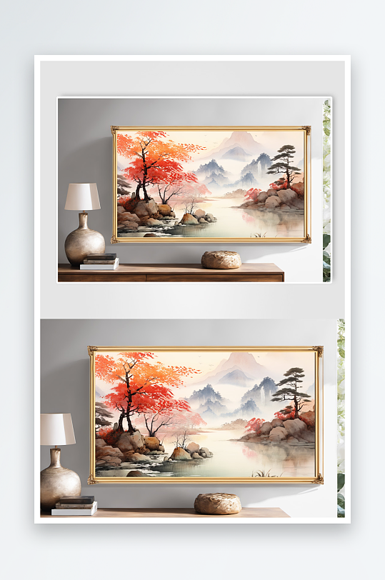 迎客松松树红色鸿运当头山水画装饰画-众图网