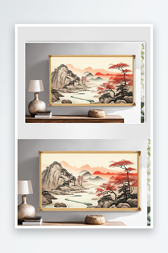 迎客松中国风水墨红色鸿运当头山水画装饰画