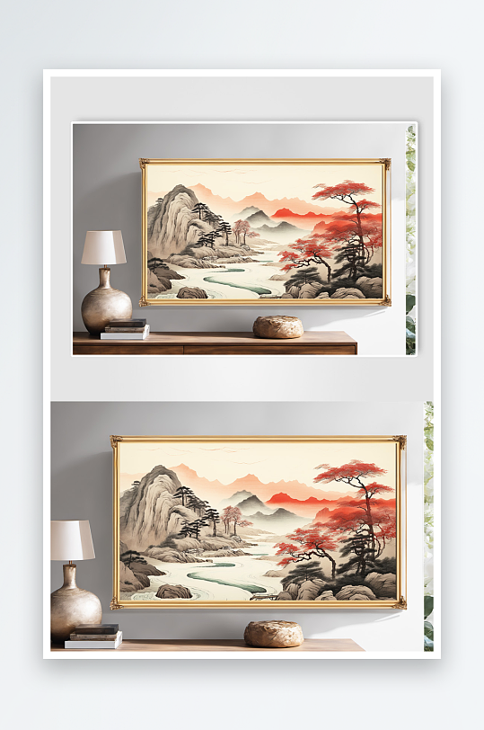 迎客松中国风水墨红色鸿运当头山水画装饰画-众图网