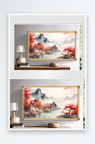 中国风水墨红色鸿运当头山水画装饰画