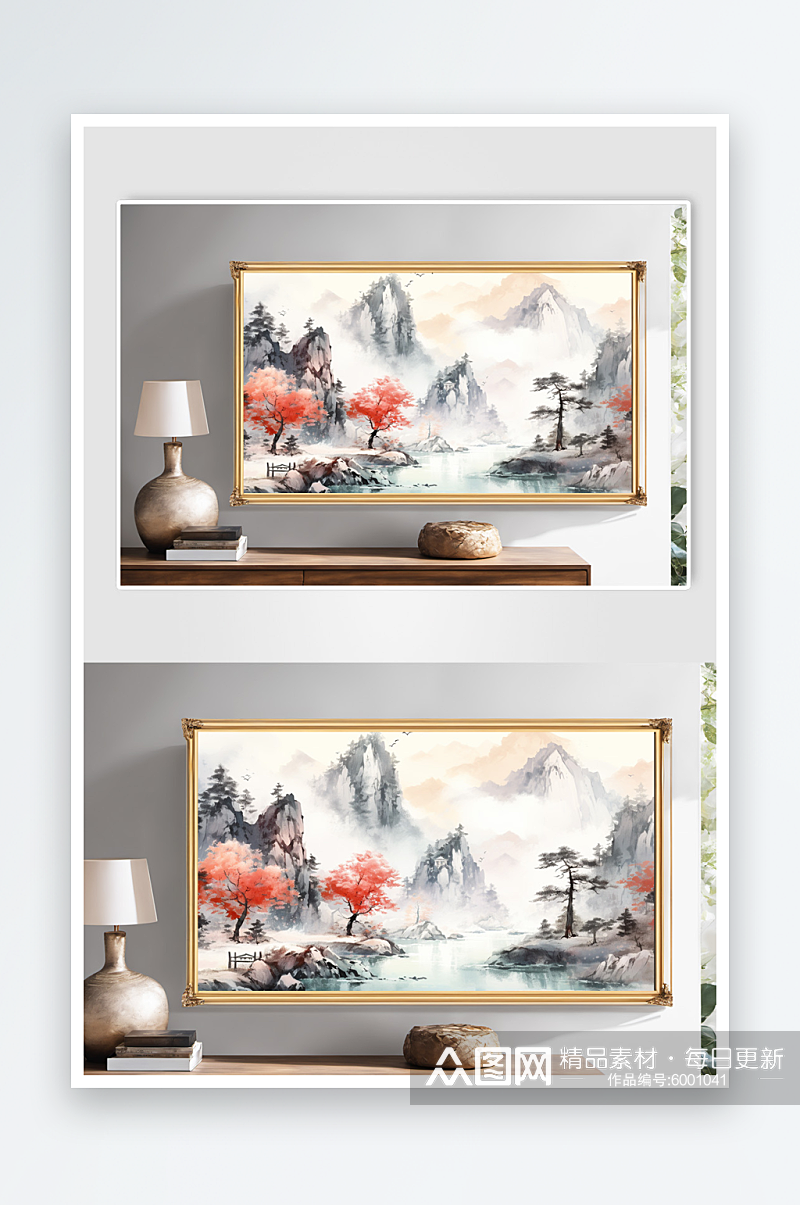 客厅中国风水墨红色鸿运当头山水画装饰画素材