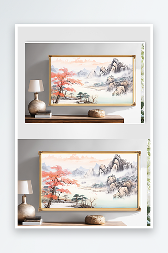 中国风水墨红色鸿运当头山水画装饰画