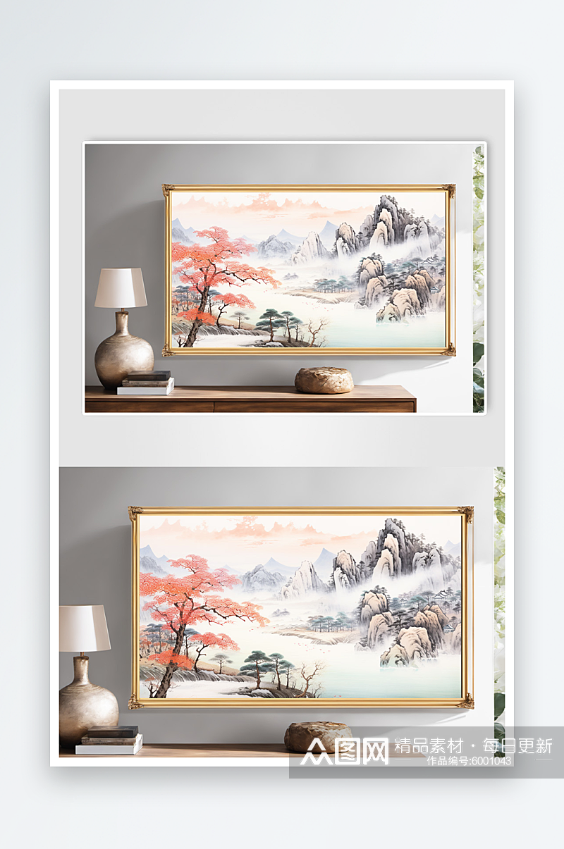 中国风水墨红色鸿运当头山水画装饰画素材