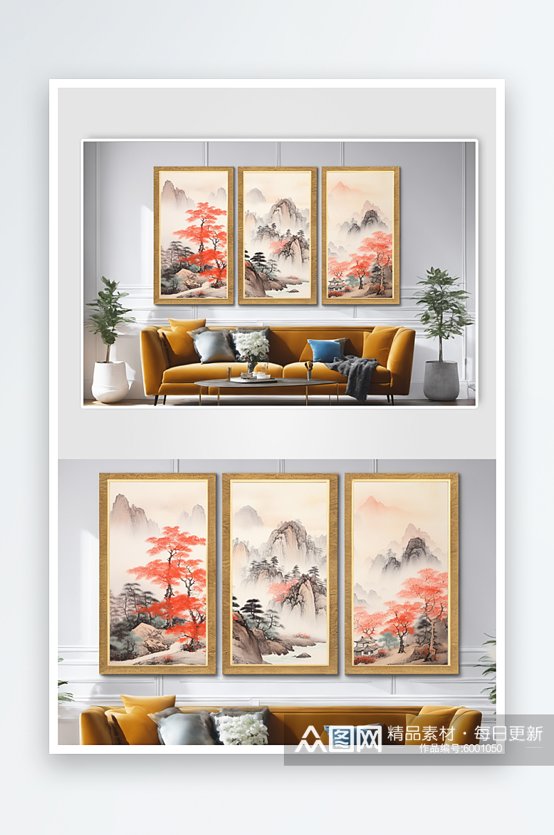 中国风迎客松红色鸿运当头山水画装饰画素材