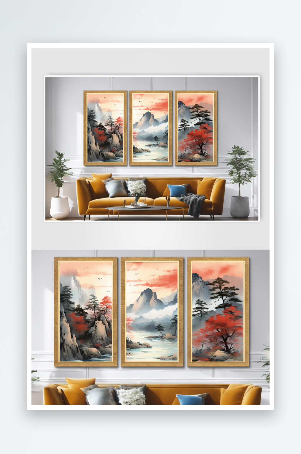 中国风迎客松红色鸿运当头山水画装饰画素材