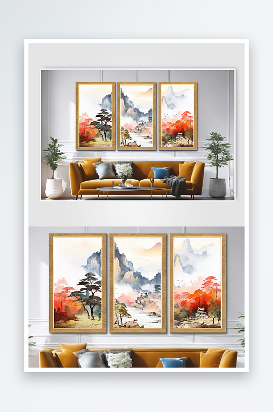 国画水墨红色鸿运当头山水画装饰画-众图网