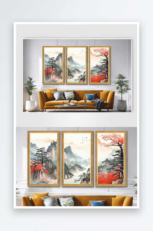 国画水墨红色鸿运当头山水画装饰画-众图网