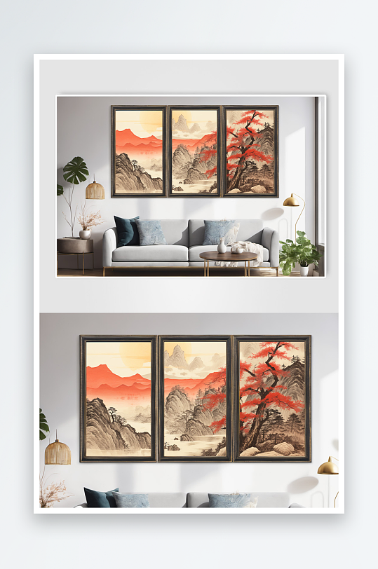 红色鸿运当头山水画新中式意境典雅装饰画-众图网