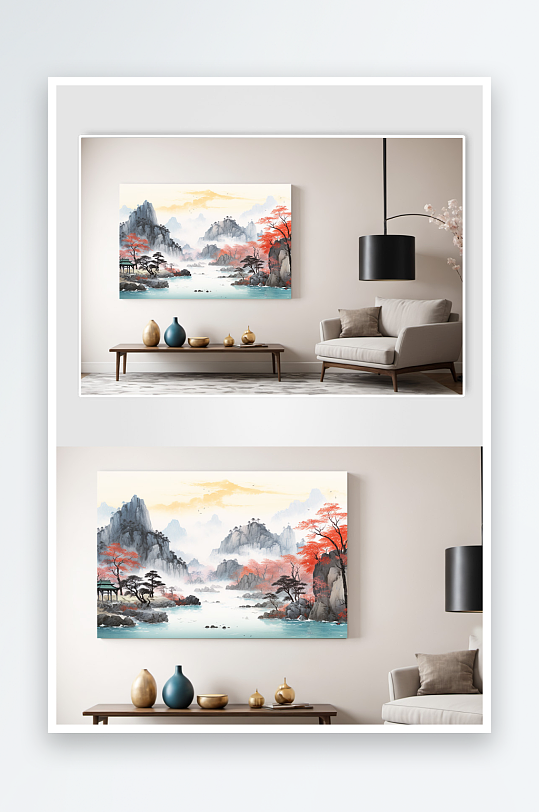 新中式意境典雅红色鸿运当头山水画装饰画-众图网