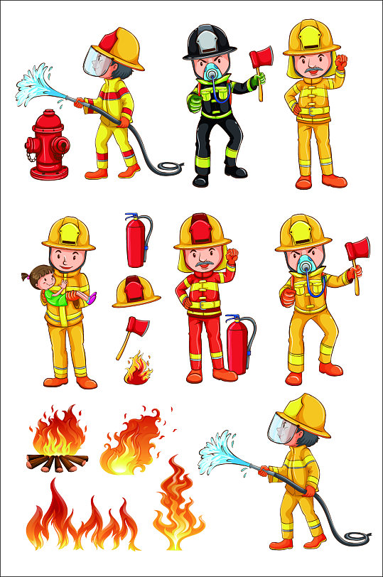 矢量卡通消防员消防灭火救援消防设施