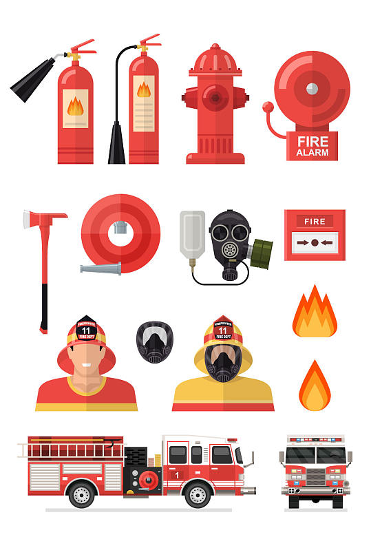 矢量消防元素119消防栓灭火器消防车火警