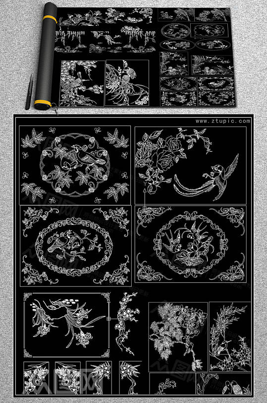 花鸟雕花雕刻装饰图案cad图库
