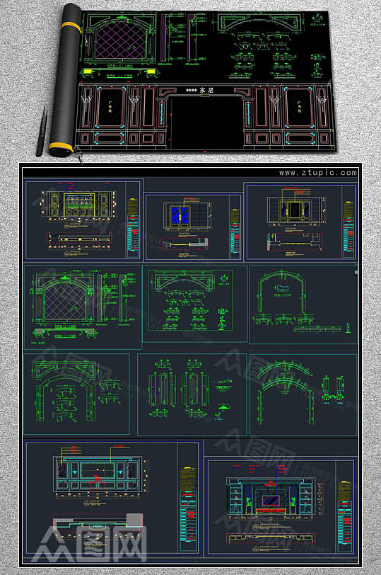 家装工装背景墙设计CAD素材-众图网