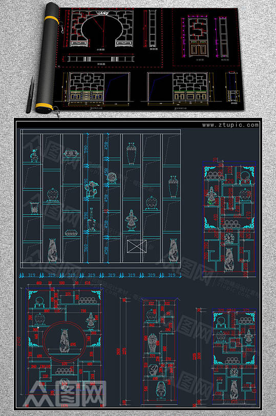博古架装饰柜设计图纸CAD素材