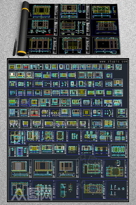 整木定制护墙板背景墙CAD图库-众图网
