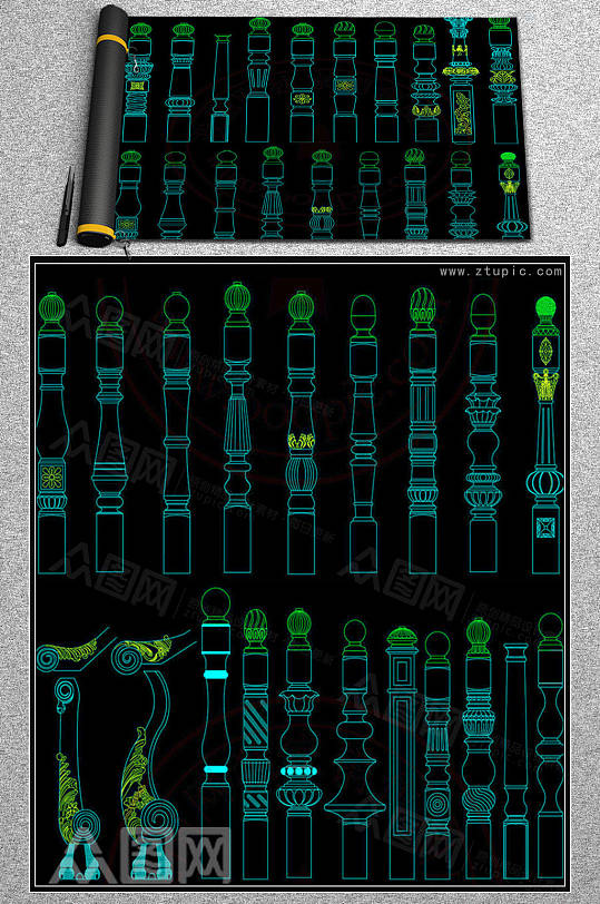 楼梯立柱扶手柱头设计CAD图库