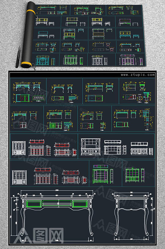 欧式家具书桌书柜设计CAD图纸素材