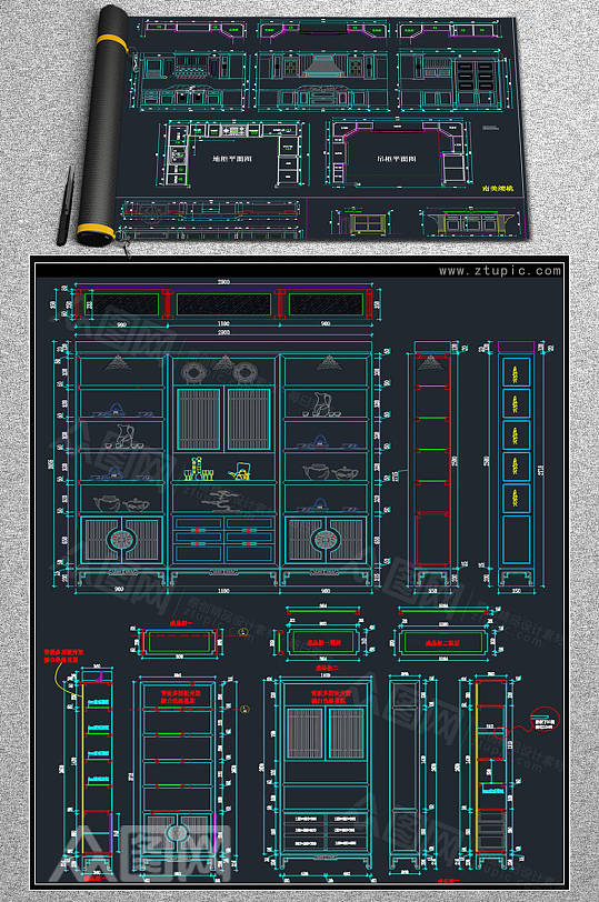 新中式橱柜博古柜装饰柜设计详图CAD素材