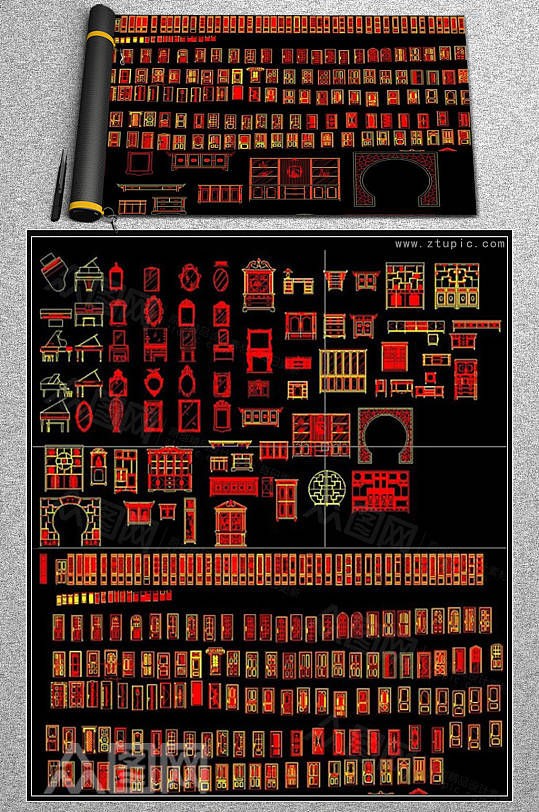 中式博古架木门屏风家具CAD素材图库-众图网