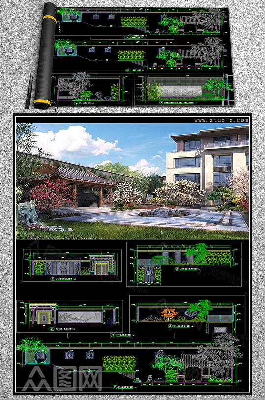 新中式别墅景观庭院建筑设计CAD素材图纸
