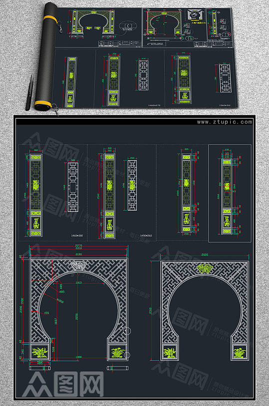 中式经典月亮门垭口花格CAD素材图库