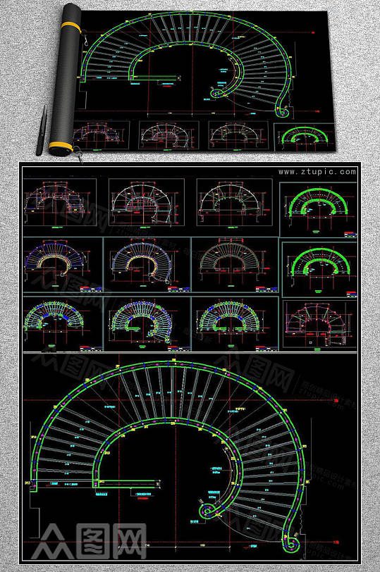 旋转楼梯设计下单分解cad展开图素材