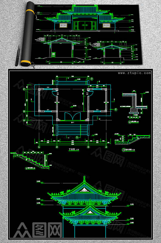 寺庙寺院山门殿建筑结构图纸CAD素材