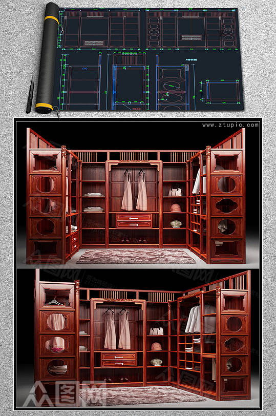 组合衣柜u型实木衣柜设计CAD素材-众图网