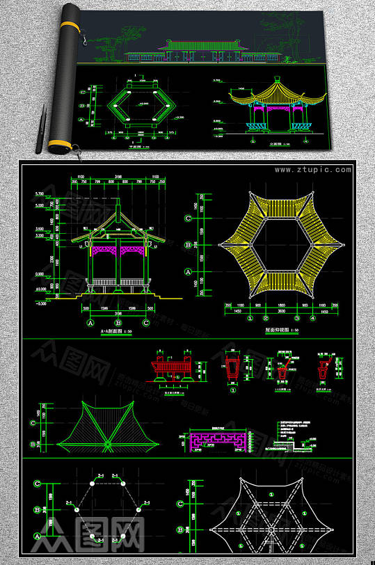 古建筑大门四角六角亭建筑结构CAD素材-众图网