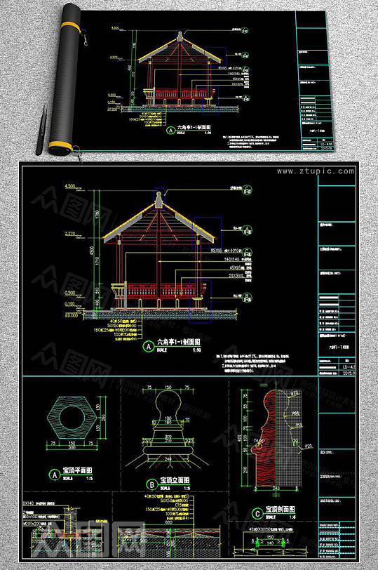 六角菠萝格防腐木景观亭施工图CAD素材