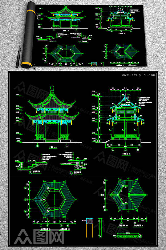 逸心亭重檐六角亭建筑结构图纸cad素材