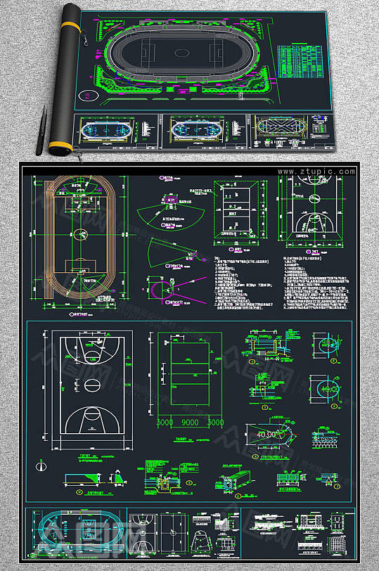 运动场地篮球排球羽毛球网球足球场cad