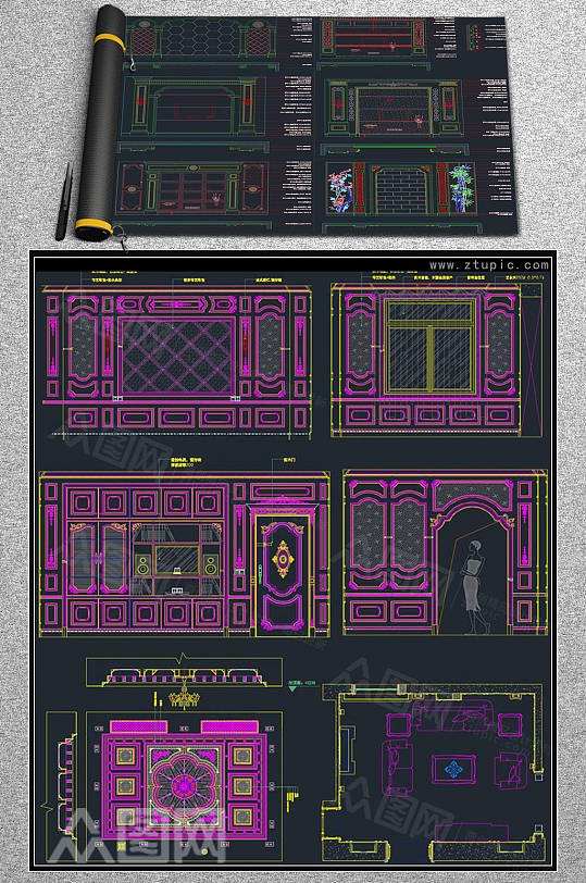 电视背景墙整木背景墙设计详图CAD素材-众图网