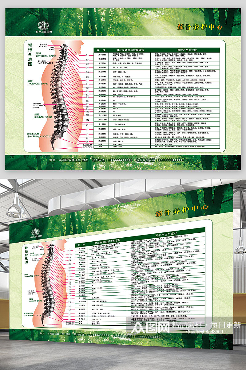 绿色筋骨养护脊椎全息图穴位宣传展板素材