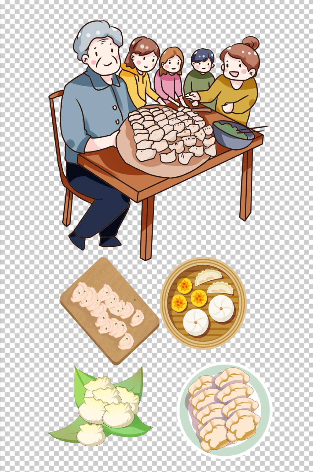 一家人包饺子手绘元素素材