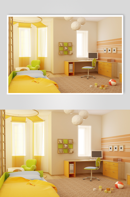 黄色暖色调卧室效果图