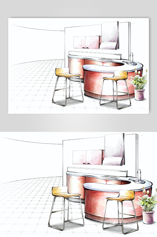室内手绘设计装饰厨房餐厅效果图