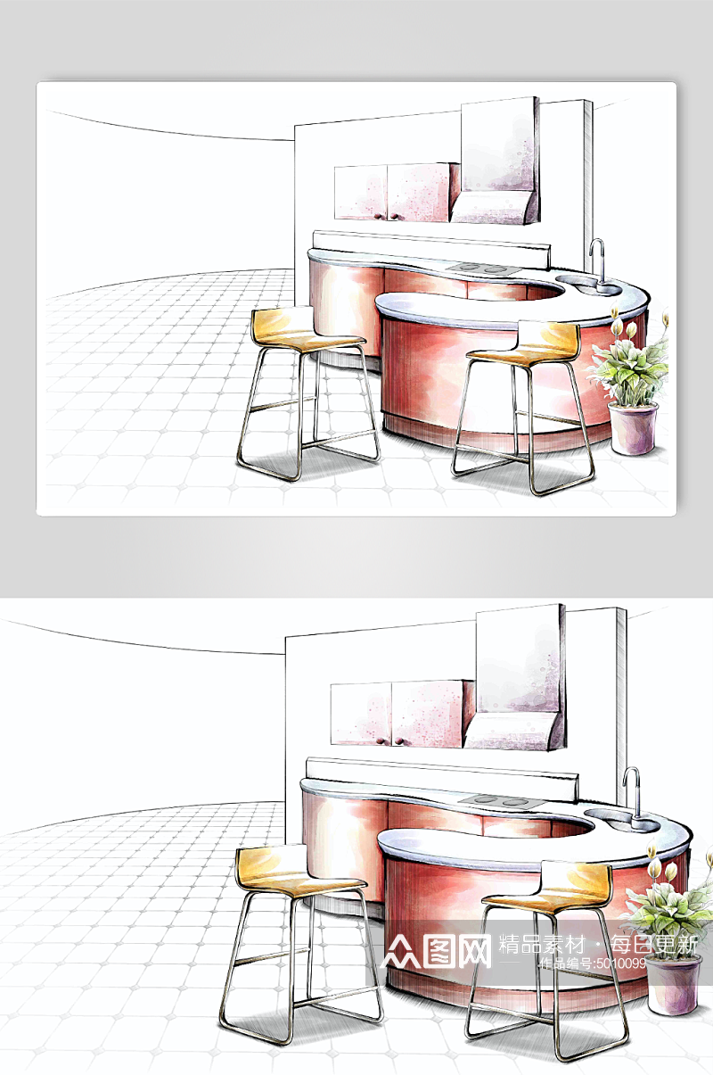 室内手绘设计装饰厨房餐厅效果图素材