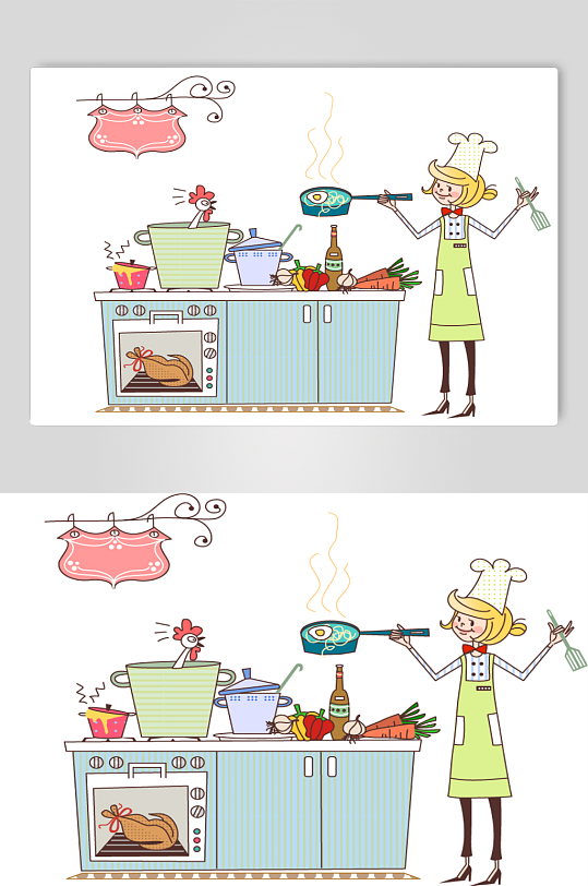 矢量卡通手绘厨房美女人物创意插画