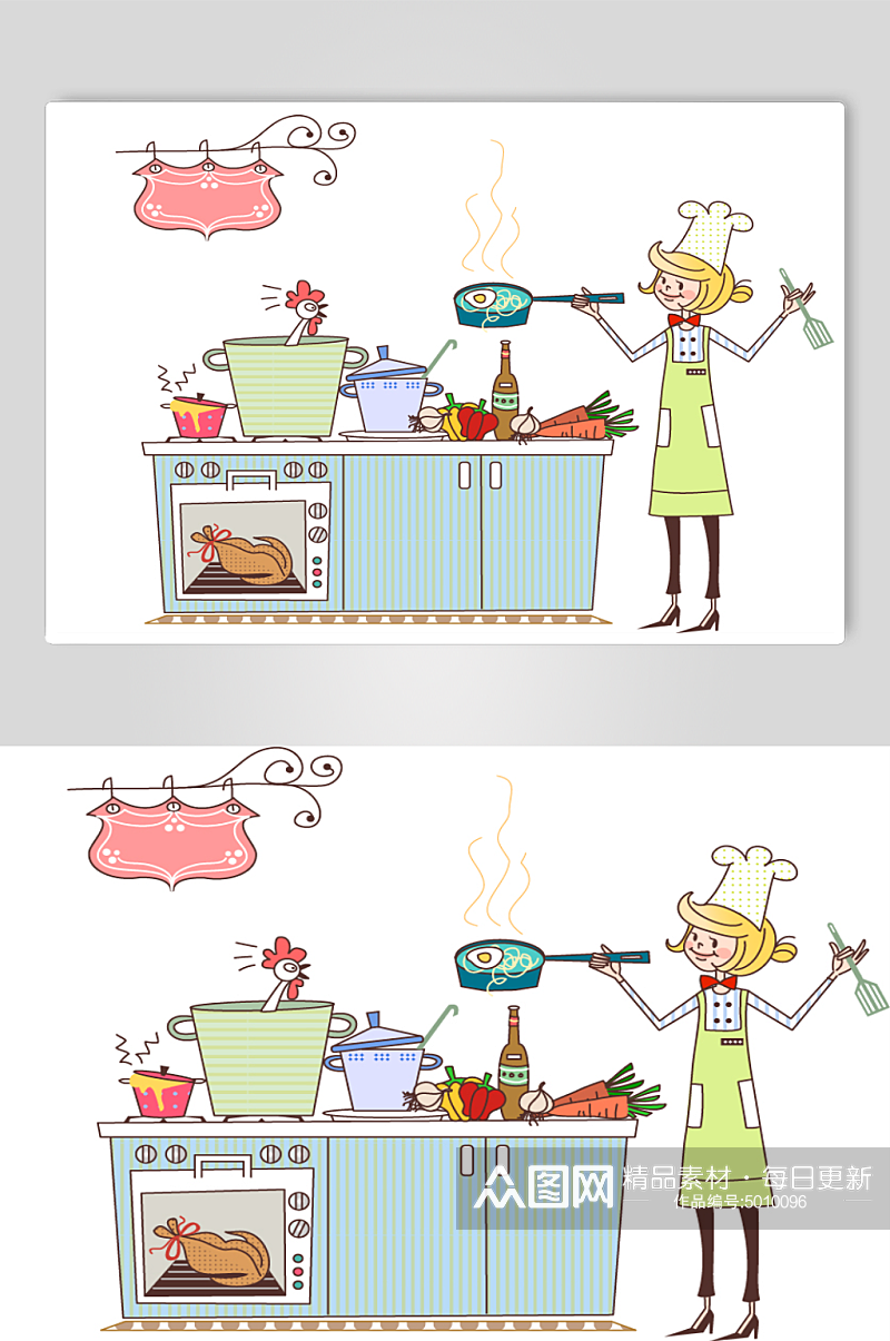 矢量卡通手绘厨房美女人物创意插画素材