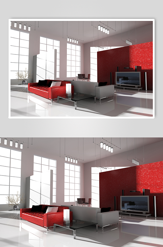 红色创意客厅沙发茶几效果图