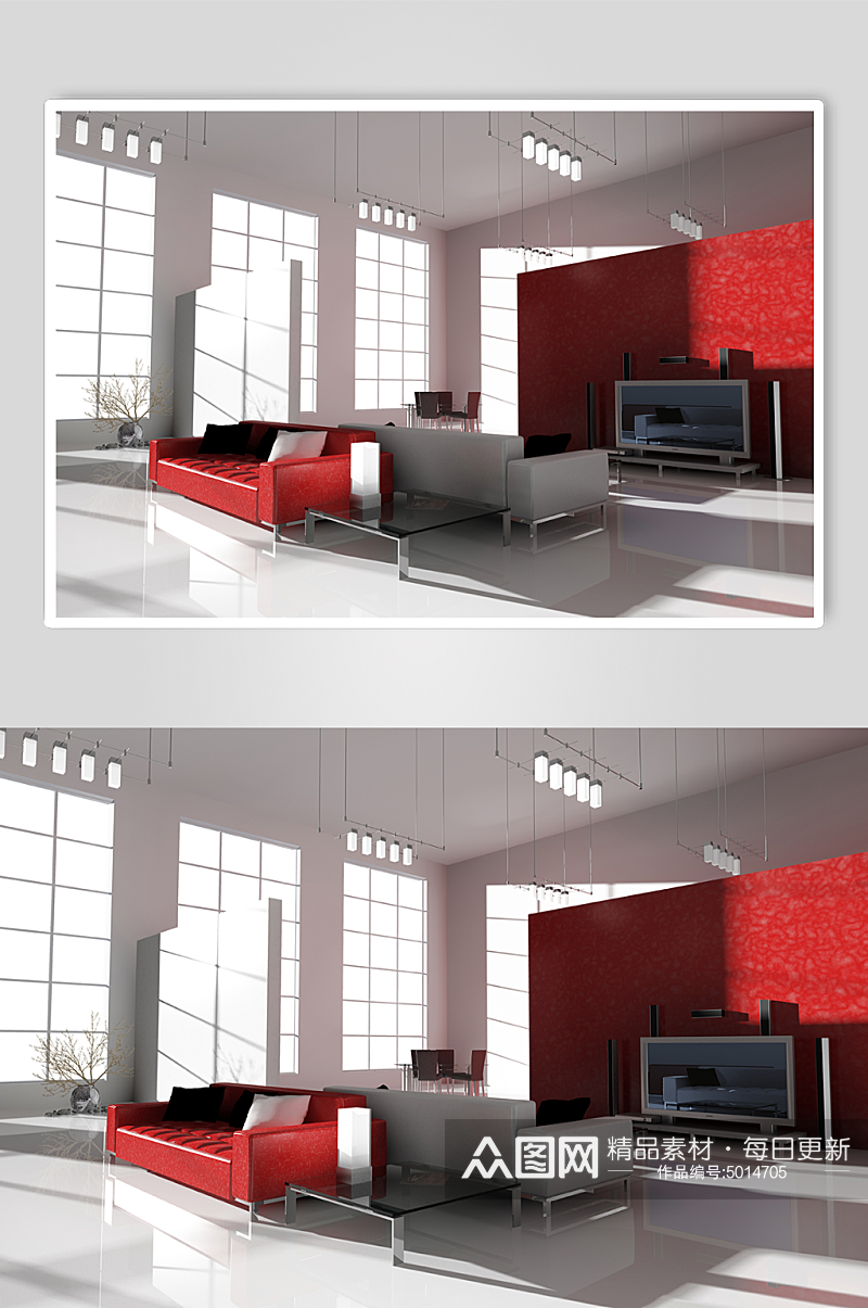 红色创意客厅沙发茶几效果图素材