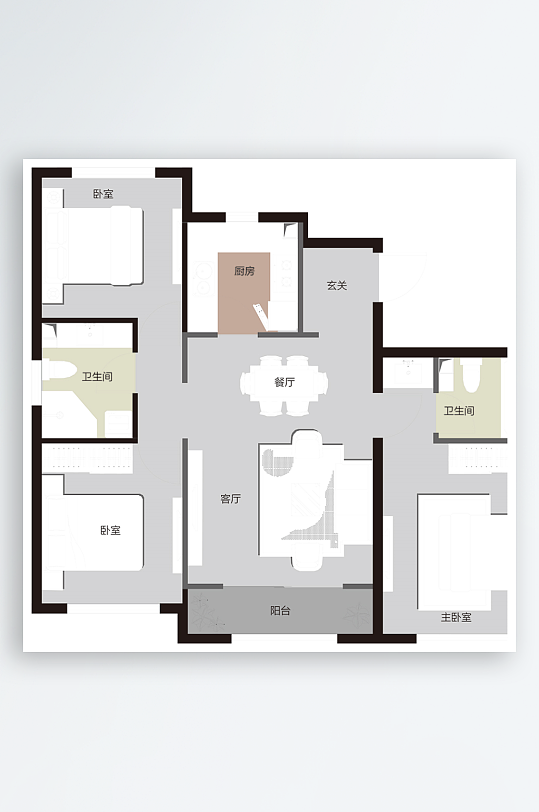 房地产户型三室两厅两卫一厨户型设计-众图网