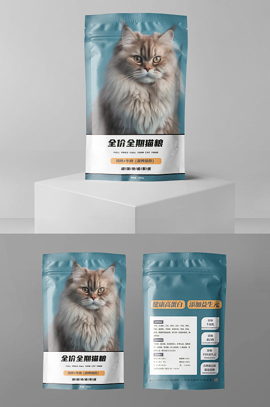 蓝色宠物猫粮袋装包装设计