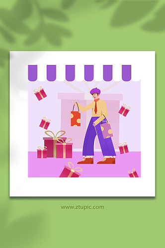 扁平化风格 紫色背景礼品男女孩电商818购物人物插画